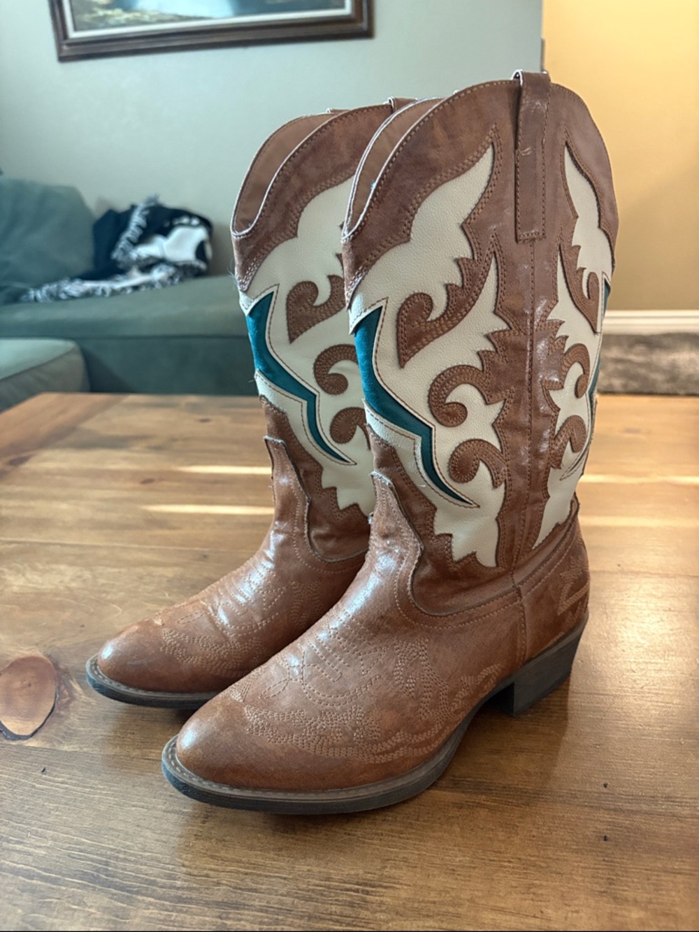 Coconuts by Matisse Brown and Cream Western Boots with Teal Accent